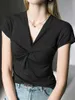 女性用Tシャツの女の子のツイストVネック半袖高くエレガントな弾力性のある夏の女性のTシャツトップP230602