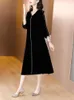 Casual Kleider Herbst Midi Elegante Vintage Schwarz Samt Kleid 2023 Koreanische Mode Frauen Prom Abend V-ausschnitt Lose Chic Vestidos