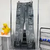 Jeans da uomo Punk Denim Pantaloni da uomo Harajuku Flame Cross Print Color Block Jeans larghi Pantaloni da uomo dritti Multi-tasche Autunno Inverno 230601