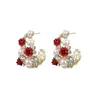 Stud New Red Rose Pearl Boucles d'oreilles pour les femmes Strass Fleur Gland Boucle d'oreille Mariée Bijoux de fête de mariage