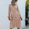 Casual Jurken 2023 V-hals Zoete Zomer Jurk Club Bloemenprint Lange Uitlopende Mouwen Vrouwen Herfst Hoge Split Party Midi Elegante sexy