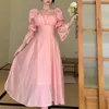 Casual Dresses French Square Collar Women's 2023 Lantern Sleeve Solid Bow Apricot Dress for Women Vintage Pink Long 1236