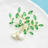 Pins Brooches Wuli baby Green Crystal Leaf for Women Cubic Zirconia Pearl Treasure Tree Party Office Chest Pin New Year Gift G230529