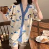 Seksowna piżama koreańska piżama zestaw dla kobiet letnia odzież snu dziewczyny Słodka klapa piżama kawaii drukowane pijamas japoński kombinezon domowy J230601