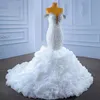 Afrykańskie arabskie urocze sukienki ślubne syreny iluzja Pełne koronkowe aplikacje Kryształowe koraliki rękawy Kaplica Train Formal ślubny błyszczące suknie w rozmiarze plus 403