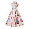 Summer Geometric Print Ribbon Tie Bow Dress Kort ärm Lapel Neck Belted Midi Casual Dresses A3A101528