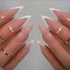 False Nails 24Pcs Christmas White Lace Fake Xmas Snowflake Almond Pointed Nail Gingerbread Man Pearl Long Press On