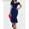 Party Dresses Elegant Irregular Hem Patchwork Ruffles Solid Color One Word Collar Short Sleeve Women Sexy Off Shoulder Slim Bag Hip Long Dress T230602