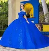 Charmig paljett blommor applikationer quinceanera klänning kunglig blå av axel v hals vestidos de 15 quinceaneras bollklänning anpassad