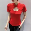 T-Shirt Summer Cotton Short Sleeve Retro Chinese Style Slim Fit Top Women's Stretchable Solid Color T-shirt P230602