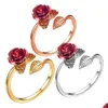 Bandringar Röd rosrädgårdsblomma Löv Open Ring Resizable Justerbart finger för kvinnor Valentine Day Gift Jewelry Drop Delivery DHH9I