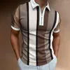 メンズカジュアルシャツ2023男性用ポロシャツ夏のメンズトップ毎日の半袖ストライプゴルフプレーン服ターンダウンカラージッパー
