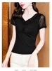 T-Shirt Fashion Diamond V-Neck Short Sleeve Top Women's High Elastic Sheath Mesh T-shirt P230602