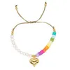 Go2boho Heishi Arcobaleno Perle d'acqua dolce Color oro Braccialetti con ciondoli a cuore per le donne Amicizia Gioielli estivi Boho regolabili