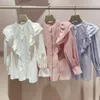 Blusas femininas Kuzuwata Japonês Sweet Stripe Gola alta Camisas 2023 Primavera Babado Bolha Manga Simples Blusas Mujer