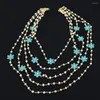 Chains G-G 5 Rows Natural White Pearl Chain Necklace Gold Plated Blue Jade Crystal Pave Flower Connector Fashionable Jewelry