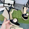 2023S Designer sandale dame compensée talon haut Chaussures pour femmes Double boucle en métal Compensées en cuir Espadrille Sandales bride à la cheville en cuir véritable avec boîte