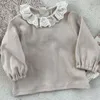 Tシャツ韓国スタイルの長袖コットンプリントレースレースパネルTシャツ春秋の女の女の子幼児の女の子トップ230601
