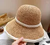 Hombras de ala ancha de perla sombrero de paja de perlas mujer de verano sun cubo 2023 chicas plegables kawaii damas japonesas t127