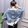 Kvinnors jackor Ruffled Jacket Back Lace-Up Autumn Denim Single Breasted Lace Coat Kvinnliga studenter Koreanska lösa ytterkläder