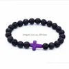 Pulseira de pedra de lava preta com cruz natural frisada Chakra Healing Nce Beads pulseira para homens e mulheres com elasticidade Yoga Jóias Drop Delivery Dhmaj