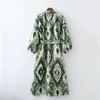 Jurken Pseewe Vrouw Jurk Groene Print Midi Kimono Jurk Vrouwen Zomer 2021 Riem Lange Bladerdeeg Mouw Japanse Stijl Wrap Lange Jurken