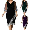 Casual Dresses Women Velvet Tulip Pencil Dress 3/4 Mesh Sleeves Corktail Sequin Evening V-Neck Prom 10CD