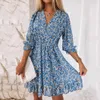 Grundläggande casual klänningar blommig tryckklänning kvinnor v hals kort ärm en linje elegant dam pullover sommar bohemian party 230601