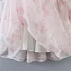 Vestidos de verão mulheres doces rosa estampa floral de organza vestido senhoras bripar de pescoço quadrado manga de férias de férias vestido de festa de festa curta