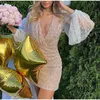 Casual Dresses Bodycon V Neck Mesh Långärmas paljetter Fall Fashion Se genom Elegant Birthday Party Mini Dress Spring Sexig kvinna