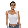 Women's Tanks Women Summer Crop Tops Solid Color Vest Boat Neck Tie-Up Wide Straps Ruched Sleeveless Sling Tank