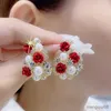 Stud New Red Rose Pearl Boucles d'oreilles pour les femmes Strass Fleur Gland Boucle d'oreille Mariée Bijoux de fête de mariage