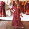 Jurken Groen/Red Boheems strand Lange vrouwen knop Vneck Lange wijd uitlopende mouwen herfstjurk Boho Hippie Chic Maxi Dress Vestidos