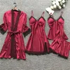 Womens Sleepwear Women Pajamas Sets Satin Silk 4 Pieces Nightwear Pyjama Strap Lace Sleep Lounge Pajama With Chest Pads 230601