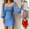 Party Dresses Women Fashion Dresses French Square Neck Puff Sleeve Pleated Tight Chiffon Print Mini Dress T230602