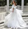 2023 Yeni Ön Kısa Uzun Arka Gelinlik Klasik Kısa Kollu Organza Gelin Tren Gelin Gown Vestido De Noiva