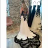 Vintage branco preto vestidos de noiva sereia espaguete sem costas apliques de renda boêmio praia jardim vestido de noiva robe de mariee