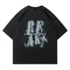 メンズTシャツヒップホップヴィンテージTシャツメンズイブズサイズのストリートウェアレトロレタープリントシャツharajuku夏のカジュアル服洗浄古いトップティー