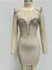 Casual Dresses Women Summer Sexy Long Sleeve O Neck Beading Diamonds Beige Mini Bodycon Bandage Dress 2023 Elegant Evening Club Party