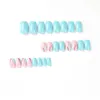 False Nails 24pcs Short Square Summer French Green Flowers Wave Design Manicure Full Cover Fake Detachable Nail Tips