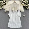 Casual Dresses Elegant Fashion Sweet Stand Collar White Lace Dress 2023 Autumn Winter Women Lantern Long Sleeve Midi Lady