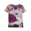 T-Shirt S-3XL Sommer Mesh Mode Druck Lila Blume T-shirt frauen Oansatz Kurzarm Top P230602