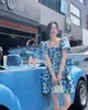 Casual Dresses Vintage Blue Floral Square Collar Puffy Sleeve Dress Summer Fashion Print Style Slein Skein midja Sexig fest kjol