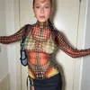 여자 T 셔츠 여성 메쉬 스웨트 셔츠 화려한 3D 폴카 도트 프린트 긴 슬리브 터틀넥 투명 작물 탑 여름 섹시한 스트리트웨어 클럽