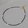 Halsband LONDANY Halskette Facettierter Lapislazuli Perlen Süßwasserreiskörner Kleine Perle Extrem fein Minimalistisch Kurz