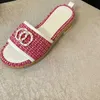 7A Excellent Tweed Leather Straw Woven Slides Sandals Slip On Wedge Flats Fashion Beach Mule Flip Flops Casual Slides Shoes Platform Chain Rubber Slider