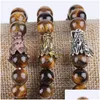 Beaded Strand Armband Natuursteen Tiger Eye 8Mm Gem Bead Retro Dragon Head Mannen Armbanden Healing Sieraden Voor Vrouwen Psera Drop Deli Dhvrs