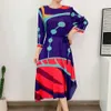 Robe Miyaki Robe Imprimée Plissée Femme 2023 Printemps et Été Nouvelle Lâche Mince Manches Trois Quarts À Lacets Jupe De Tempérament Élégante