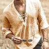 Men's Casual Shirts Cotton And Shirt Summer Men's V-neck Short Sleeve Rope Draw Loose Fashion Topshirts For Men