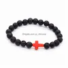 Pulseira de pedra de lava preta com cruz natural frisada Chakra Healing Nce Beads pulseira para homens e mulheres com elasticidade Yoga Jóias Drop Delivery Dhmaj